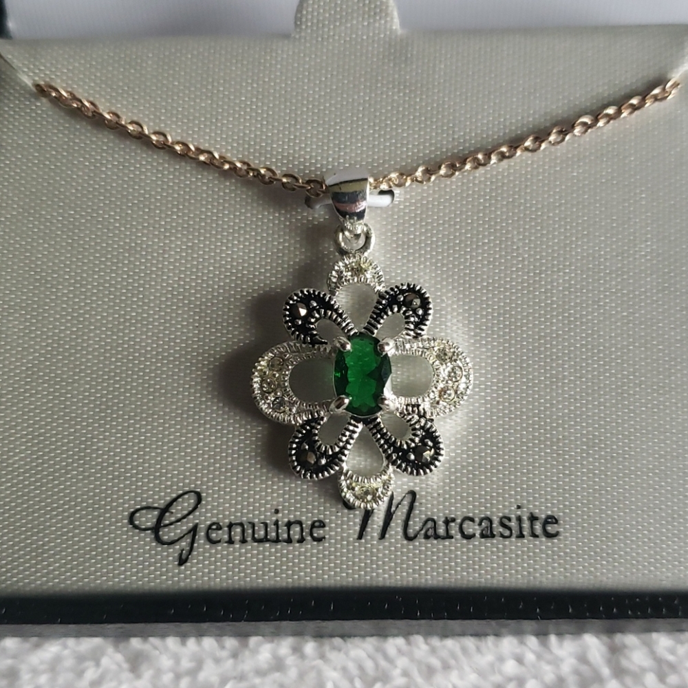Genuine Marcasite Necklace w/ Emerald Green Stone